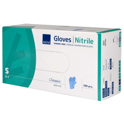 Doreza nitrili Abena Classic Sensitive S, pa pluhur, 200 copë, blu e çelët