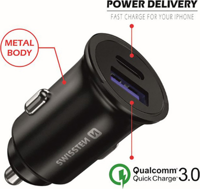Karikues makine Swissten CL Adapter, USB-C Power Delivery, Quick Charge 3.0 36W, metalik i zi