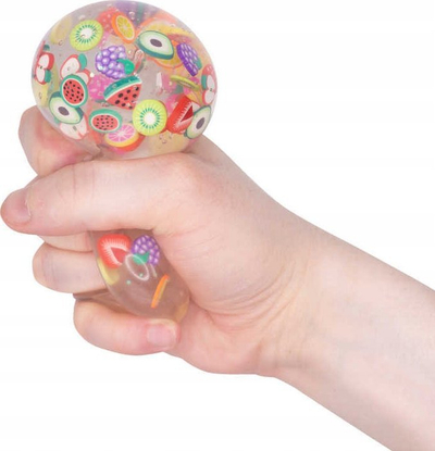 Lodër antistres Scrunchems Tutti Frutti Squish Ball, top i butë, me konfeti frutash, shumëngjyrësh