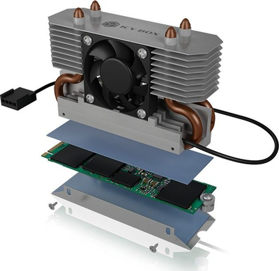 Ftohës SSD M.2 ICY BOX IB-M2HSF-702, me ventilator, me heatpipe, ngjyrë argjendtë
