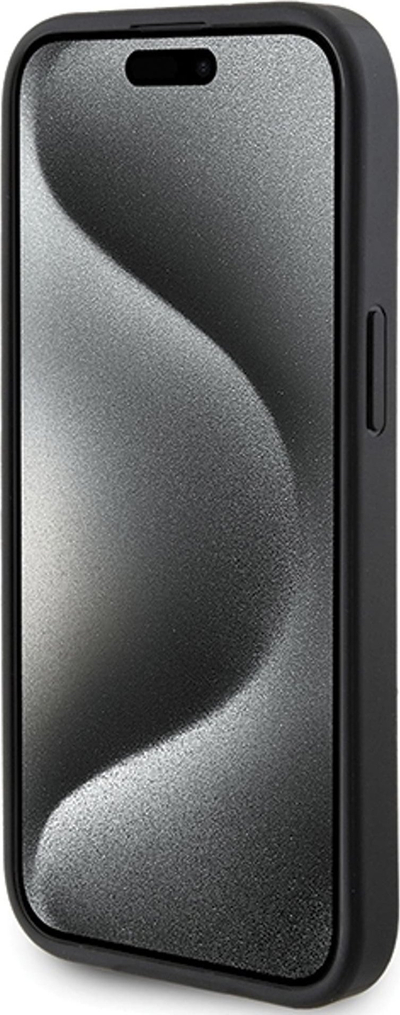 Maskë telefoni Guess 4G Triangle, për iPhone 15 Plus, lëkurë eko, e zezë