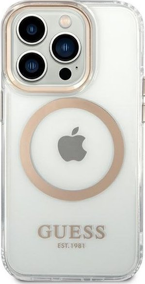 Kapak telefoni Guess GUHMP14LHTRMD për iPhone 14 Pro 6.1", Metal Outline, MagSafe, plastik i tejdukshëm me ngjyrë ari
