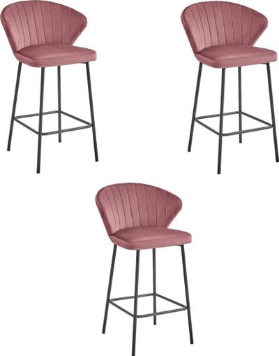 Set karrige bar Gatta, 3 copë, velur Dark Ruby, këmbë metalike të zeza