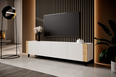 Komodë TV Cama Meble Faro, 200x42x52 cm, e bardhë dhe lisi
