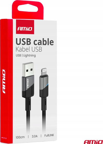 Кабел за полнење AMiO 03925 USB Lightning, 1m, 3A, црно сива