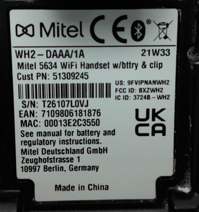 Telefon pa tela Mitel 5634 WiFi, ekran me ngjyra, për zyre, i zi