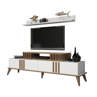 Kabinet TV Kalune Design September, me rafte, këmbë druri, e bardhë