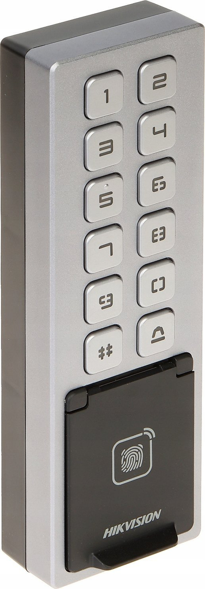 Безбеден код за пристап Hikvision DS-K1T805MBFWX, читач на отпечатоци од прсти, IP65, сиво металик