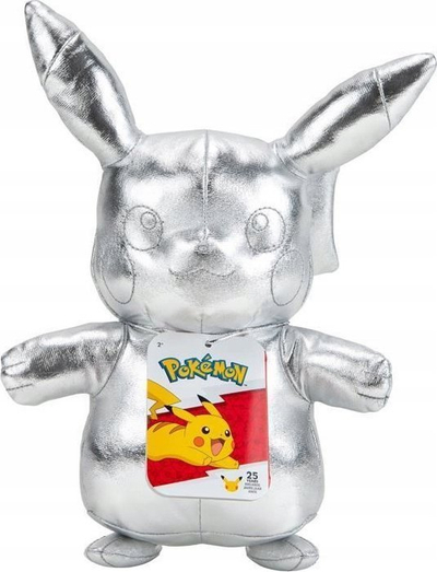 Lodër pelushi Pokémon Pikachu Celebration, edicion 25‑vjeçar, 30 cm, argjend metalik
