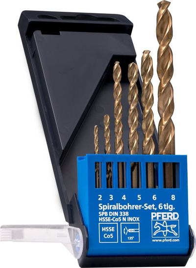 Set stërvitëse spirale Pferd HSSE-Co5 DIN 338, 6 copë, për inox, në kuti plastike