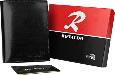 Portofol vertikal për meshkuj Ronaldo, lëkurë natyrale me shkëlqim, RFID, i zi