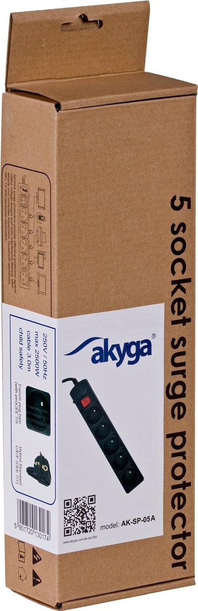 Заштитна приклучница Akyga AK-SP-05A, 5 излези, кабел 1.8 m, црна