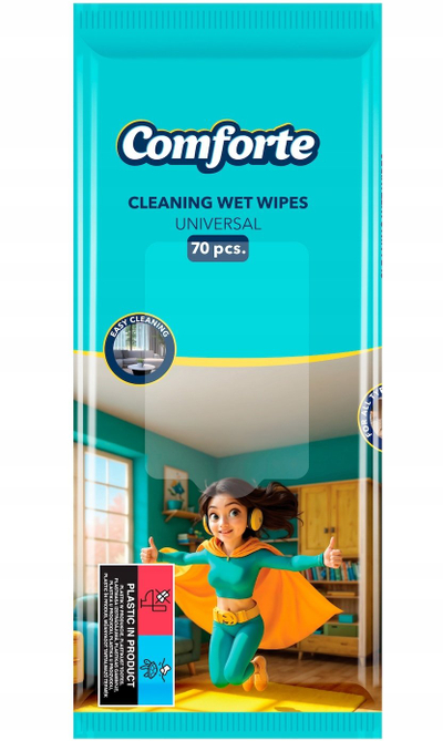 Shirita të lagura COMFORTE Universal, për pastrim sipërfaqesh, 70 copë, blu