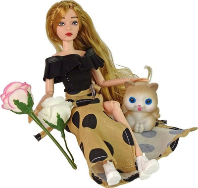 Kukull LeanToys Emily, me kotele dhe trëndafil, flokë të gjatë kafe