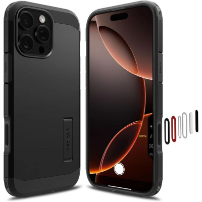Mbulesë telefoni Spigen Tough Armor T MagFit për iPhone 16 Pro Max, me këmbëz, kompatibile MagSafe, e zezë