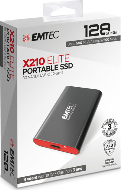 SSD portabël Emtec X210 Elite, 128GB, USB‑C 3.2 Gen2, ngjyrë e zezë