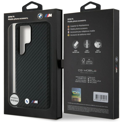 Kopertinë telefoni BMW Leather Carbon për Samsung Galaxy S25 Ultra, MagSafe, e zezë
