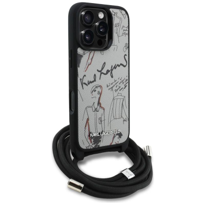 Kapak telefoni Karl Lagerfeld Crossbody Grained Pattern Logo për iPhone 16 Pro Max, me rrip crossbody, gri