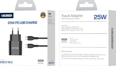 Karikues rrjeti Jellico C35, 25W PD, USB C në USB C 1m, i zi