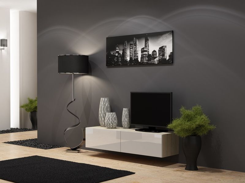 Komodë TV Cama Meble Vigo 140, 140 cm, MDF, gri e bardhë me shkëlqim