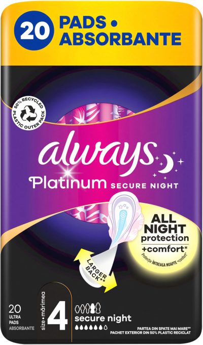 Peceta higjienike Always Platinum Secure Night, madhësia 4, 20 copë