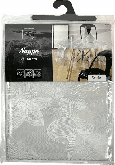 Mbulesë tavoline Bricoline, e rrumbullakët 140cm, transparente, me lule të bardha