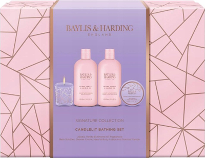 Set dhurate për banjo Baylis &amp; Harding Candlelit Bathing, Jojoba Vanilje Bajame, me qiri me erë të mirë, në ngjyrë rozë