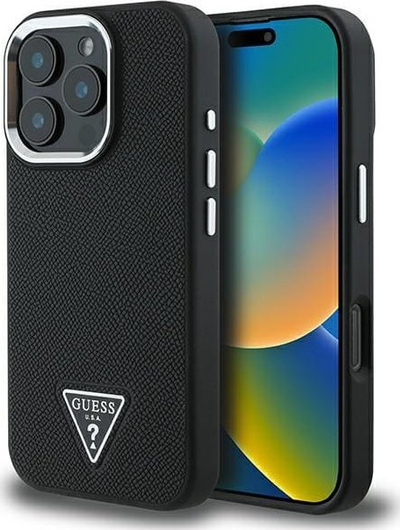 Mbulesë telefoni Guess Triangle Logo për iPhone 16 Pro 6.3", prej PU, e zezë