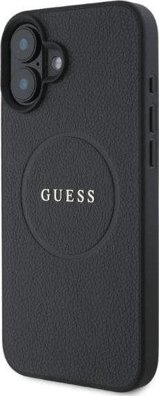 Mbulesë telefoni Guess Grained Gold Ring MagSafe për iPhone 16 6.1", me unazë, e zezë