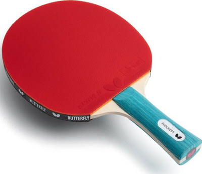 Raketë pingpongu Butterfly Progress, ITTF, me dorezë të lakuar, e kuqe me blu
