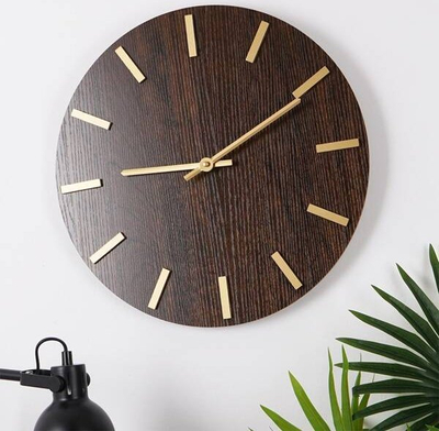Orë muri Stylish, 40 cm, MDF edhe metal, ngjyrë druri me ari