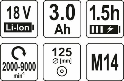 Brushe këndi me bateri YATO YT-82829, 125mm, 18V 3Ah Li-Ion, portokalli me të zezë
