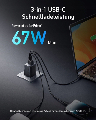 Ѕиден полнач Anker Prime Universal, 3 USB USB C порти, брзо полнење, црн