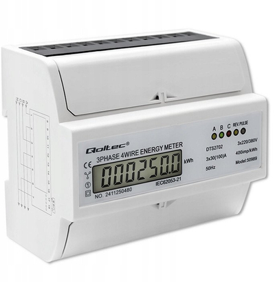 Matës energjie Qoltec, trefazor, për shina DIN, 400V