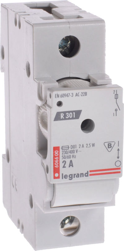 Ndërprerës sigurimi Legrand R301 606600, 1P, 2A D01, i bardhë