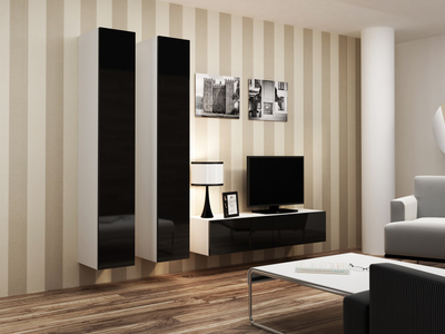 Komodë TV Cama Meble Vigo 140, 140 cm, me dyer, e bardhë e zezë me shkëlqim
