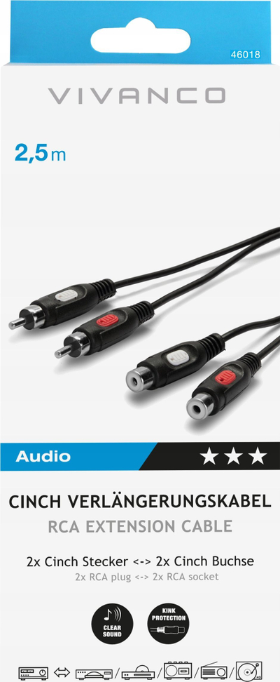 Kabllo zgjatues audio Vivanco 46018, RCA 2x mashkull në 2x femër, 2.5m, e zezë