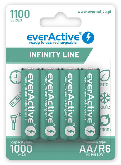 Bateri të rikarikueshme EverActive Infinity Line AA R6, 1000 mAh, paketim 4 copë, jeshile