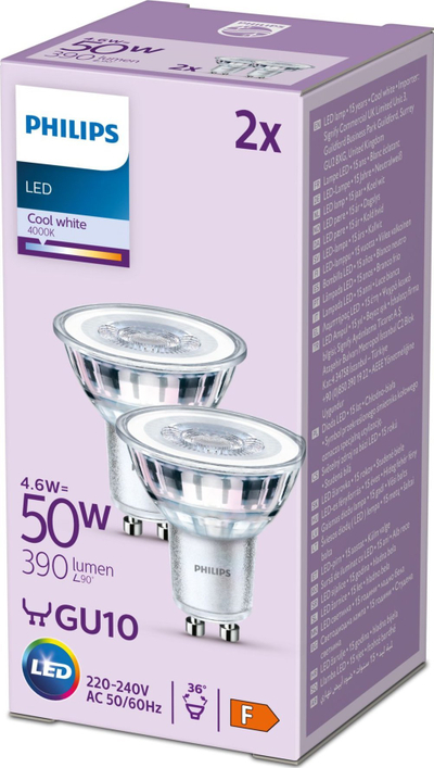Llambë LED Philips GU10, 4.6W 390lm 4000K, xham i tejdukshëm, 2 copë