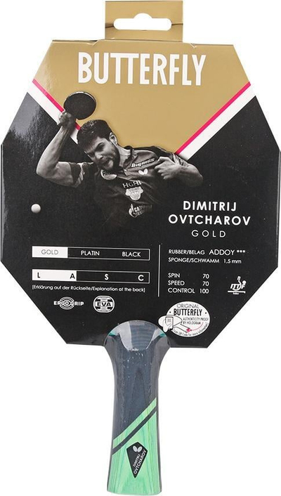 Raketë pingpongu Butterfly Ovtcharov Gold S852214, gomë Addoy 1.5 mm, dorezë e lakuar