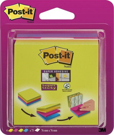 Kubi i shënimeve Post-it 3M Super Sticky 2014-SC-BYFG, 76x76mm, 4x75 fletë, ngjyra të përziera