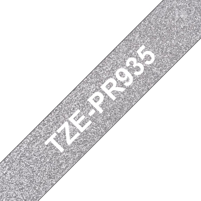 Shirit etiketues Brother TZE-PR935, 12mm, tekst i bardhë në sfond argjendtë