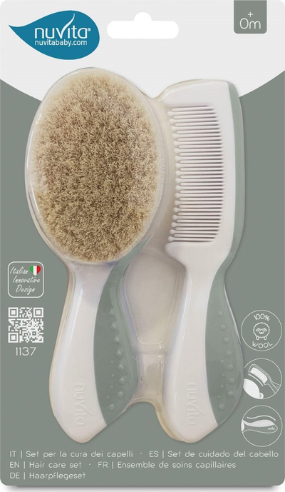 Set furçë dhe krehër Nuvita për bebe, qime natyrale leshi, bezhë