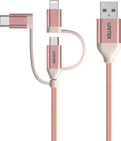 Kabllo karikimi Unitek 3 in 1, MFi, 1m, rozë