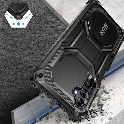 Kapak telefoni i-Blason Armorbox për Samsung Galaxy A15 2024, me xham mbrojtës, me këmbë mbajtëse, i zi
