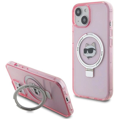 Maskë telefoni Karl Lagerfeld KLHMP15SHMRSCHP për iPhone 15 6.1", me MagSafe Ring Stand, rozë