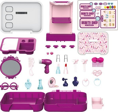 Set lojrash bukurie Woopie Beauty Shop, sallon me pasqyrë dhe aksesorë, valixhe 3 në 1, rozë