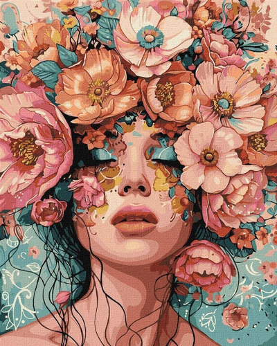 Set pikturimi me numra Woman with Flower Crown, 40x50cm, kanavacë me kornizë druri, shumëngjyrëshe