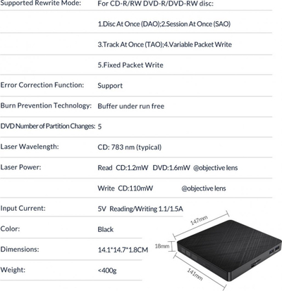 Disk i jashtëm Orico, USB 3.1,DVD-RW, i zi