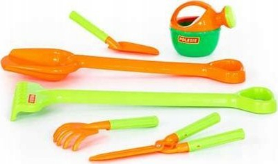 Set lodrash me rërë Polesie Sand Set No.606 63229, me lopatë dhe krehër të mëdhenj, kovë me ujitëse, portokalli jeshile